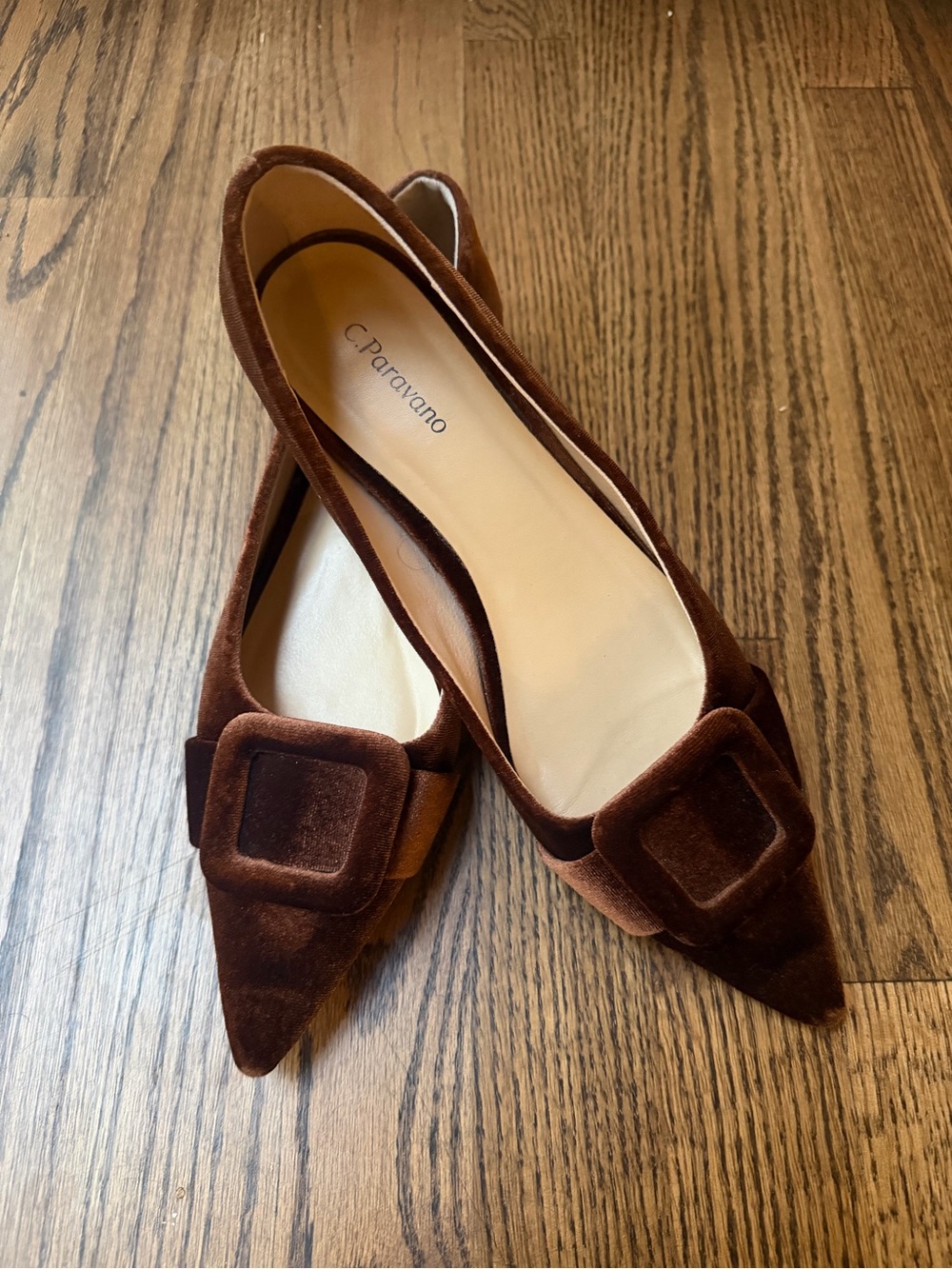 C. Paravano Brown Velvet Pointed Toe Flats with Decorative Buckle
